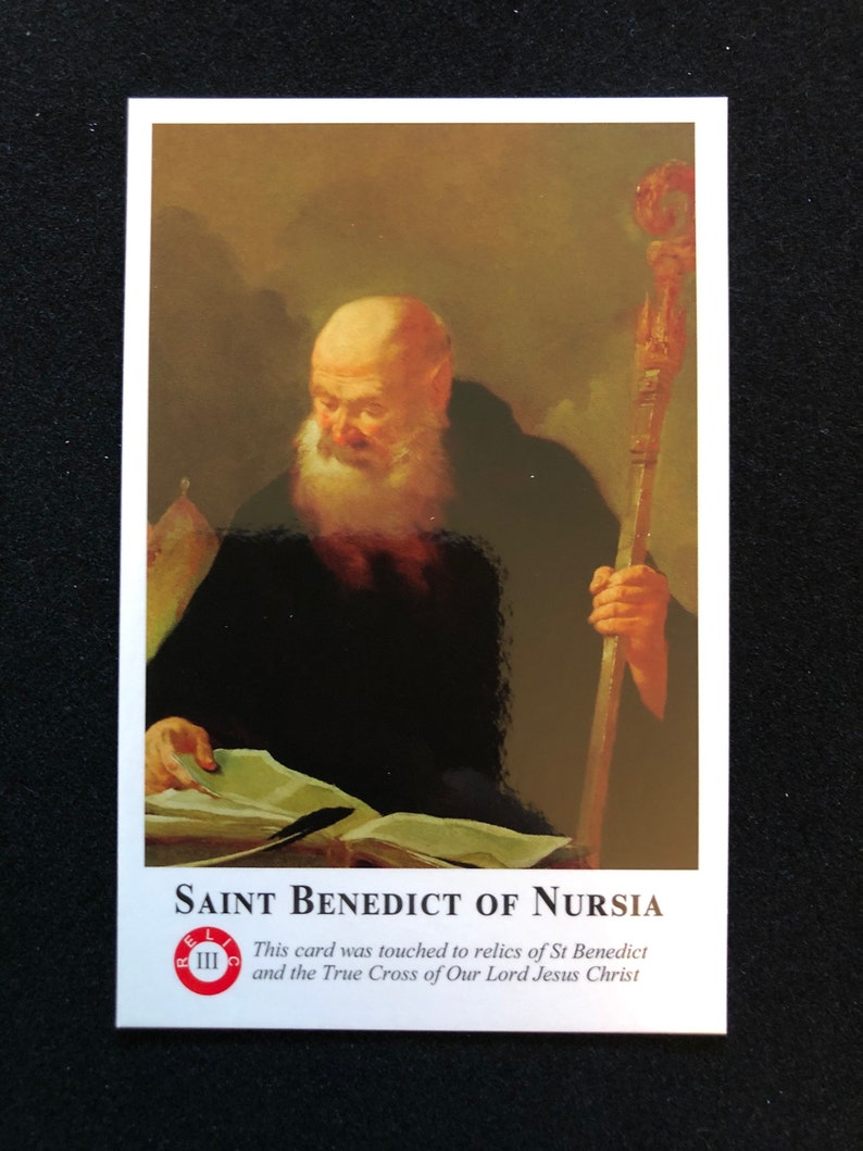 BULK PACK 50 CARDS Saint Benedict of Nursia Third Class Relic Holy Card Touched to a relic of Saint Benedict and True Cross of Our Lord image 2