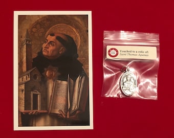 Saint Thomas Aquinas Relic Medal Pack - Third Class Relic Holy Card & Medal  (Touched to relic of St Thomas Aquinas)