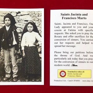 Lot de 50 cartes - Saints Jacinthe et François Marto, relique de troisième classe (Notre-Dame de Fatima) - Stock cartonné