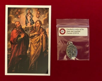 Saints Anne and Joachim Relic Medal Pack - Third Class Relic Holy Card & Medal  (Touched to relic of Sts Anne and Joachim)
