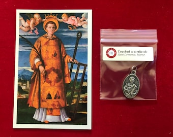 Saint Lawrence Relic Medal Pack - Third Class Relic Holy Card & Medal  (Touched to relic of St Lawrence the martyr)