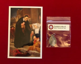 Saint Vincent de Paul Relic Medal Pack - Third Class Relic Holy Card & Medal  (Touched to relic of St Vincent de Paul)