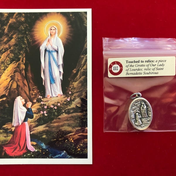 Our Lady of Lourdes Relic Medal Pack - Third Class Relic Holy Card & Medal  (Touched to piece of the Grotto and relic of St Bernadette)