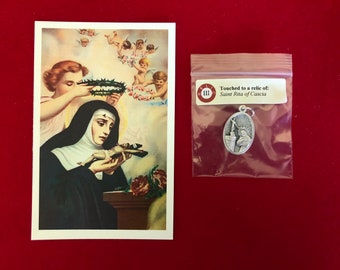 Saint Rita of Cascia Relic Medal Pack - Third Class Relic Holy Card & Medal  (Touched to relic of St Rita)