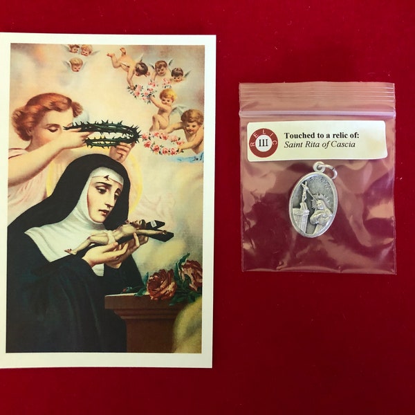 Saint Rita of Cascia Relic Medal Pack - Third Class Relic Holy Card & Medal  (Touched to relic of St Rita)