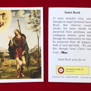 Cartes saintes de relique de troisième classe de Saint Roch (touchées à une relique du saint de première classe) - Stock cartonné
