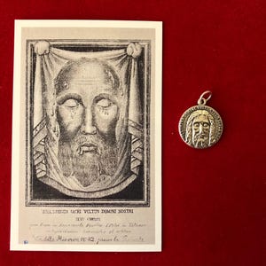Pack de médailles de reliques de la Sainte Face de Jésus - Carte sainte de relique de troisième classe et médaille ronde (touché aux reliques du Suaire de Turin, le voile de Veronica)