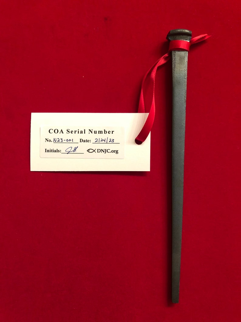 May include: A COA (Certificate of Authenticity) with the serial number N23-001 and date 2124/23. The COA is attached to a long, thin, black metal nail with a rounded head. The nail is tied with a red ribbon.