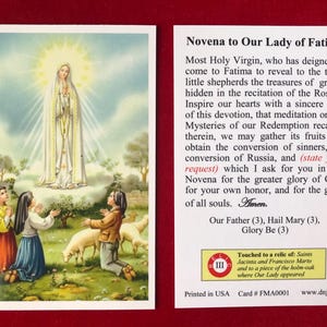 PACK DE 50 CARTES - Carte sainte relique de troisième classe de Notre-Dame de Fatima (touchée aux reliques des saints Jacinthe et Francisco Marto et le chêne vert)