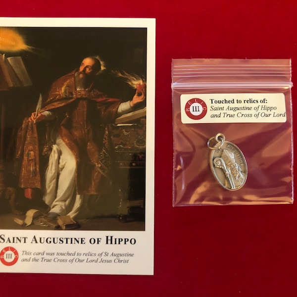 Saint Augustine Relic Medal Pack - Third Class Relic Holy Card & Medal  (Touched to relic of St Augustine of Hippo)