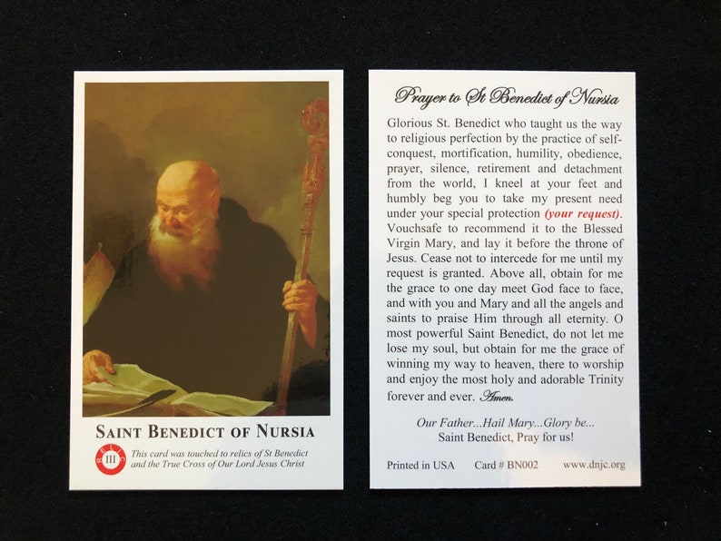 BULK PACK 50 CARDS Saint Benedict of Nursia Third Class Relic Holy Card Touched to a relic of Saint Benedict and True Cross of Our Lord image 1