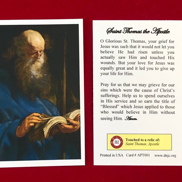 Saint Thomas the Apostle Third Class Relic Holy Cards (Touched to a first class relic of the Saint) - Card Stock