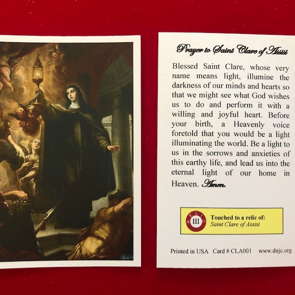 Saint Clare of Assisi Third Class Relic Holy Cards (Touched to a first class relic of the Saint) - Card Stock