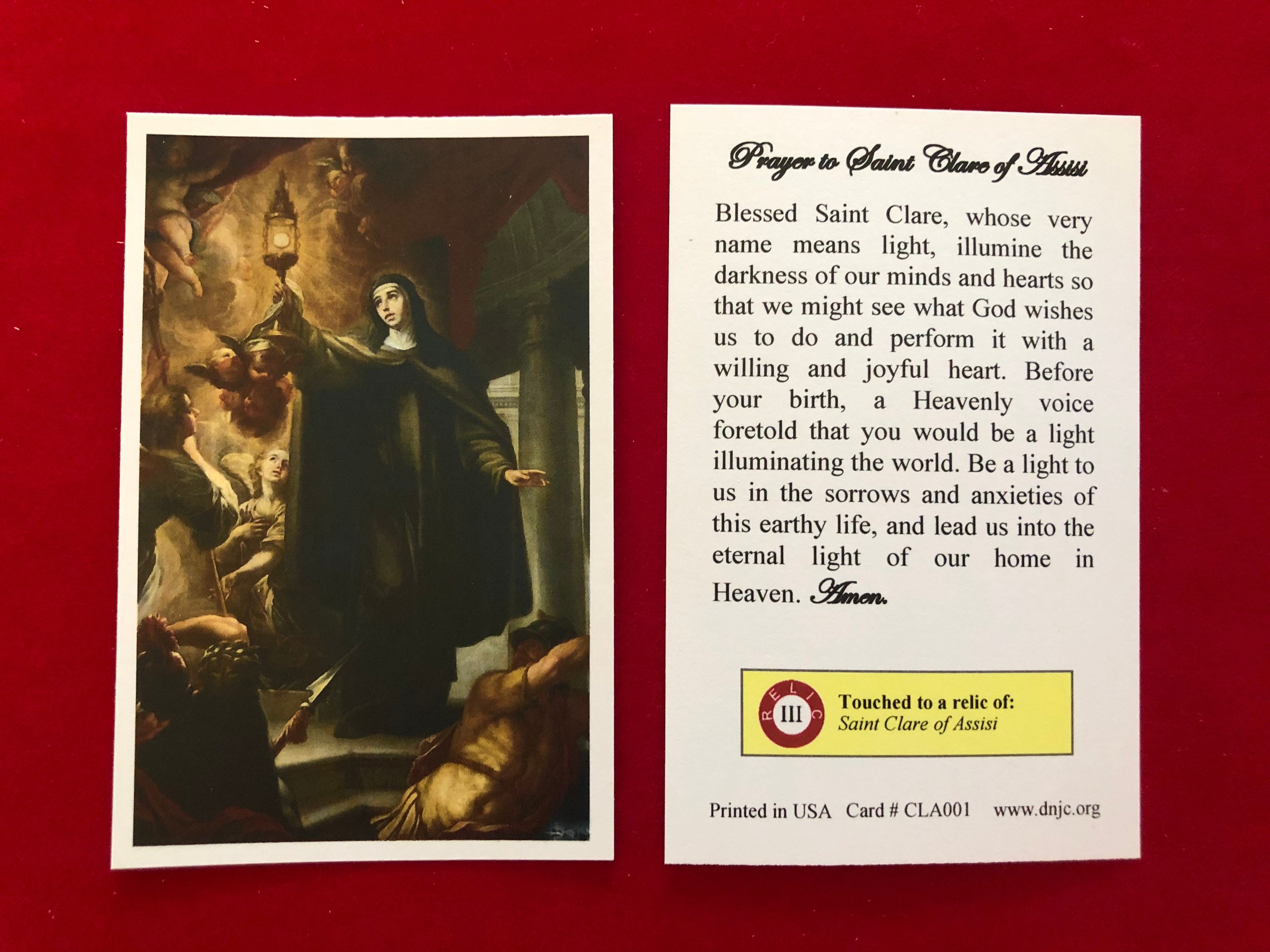 Saint Clare of Assisi Third Class Relic Holy Cards (touched to a First ...