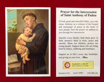 Saint Anthony of Padua Third Class Relic Holy Card  (Touched to a relic of Saint Anthony of Padua) - Plastic Coated