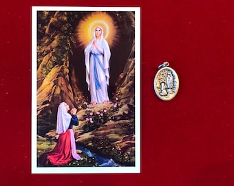 Our Lady of Lourdes Relic Medal Pack - Third Class Relic Holy Card & Medal  (Touched to piece of the Grotto and relic of St Bernadette)
