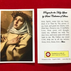Cartes saintes relique de troisième classe de Sainte Catherine de Sienne (touchées à une relique de la sainte de première classe) - Stock cartonné