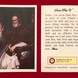 Cartões sagrados de relíquia de terceira classe do Santo Papa Pio V (tocados com uma relíquia de primeira classe do Santo) - Cartão