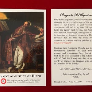 Carte sainte relique de troisième classe de Saint Augustin d'Hippone (touchée à une relique de Saint Augustin et de la Vraie Croix de Notre Seigneur)