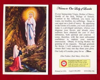 Our Lady of Lourdes Third Class Relic Holy Card  (Touched to piece of the Grotto of Our Lady of Lourdes) - Plastic Coated