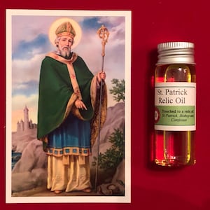 Confezione di olio sacro con reliquia devozionale di San Patrizio (toccata con una reliquia di San Patrizio)