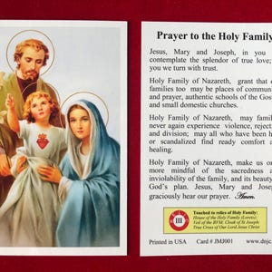 Holy Family Third Class Relic Holy Card  (Touched to relics of Saint Joseph, Blessed Virgin Mary, and the True Cross of Our Lord)