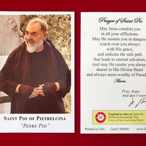 Carte sainte de relique de troisième classe de Padre Pio (touchée à une relique de saint Pio de Pietrelcina) Priez, espoir et ne vous inquiétez pas