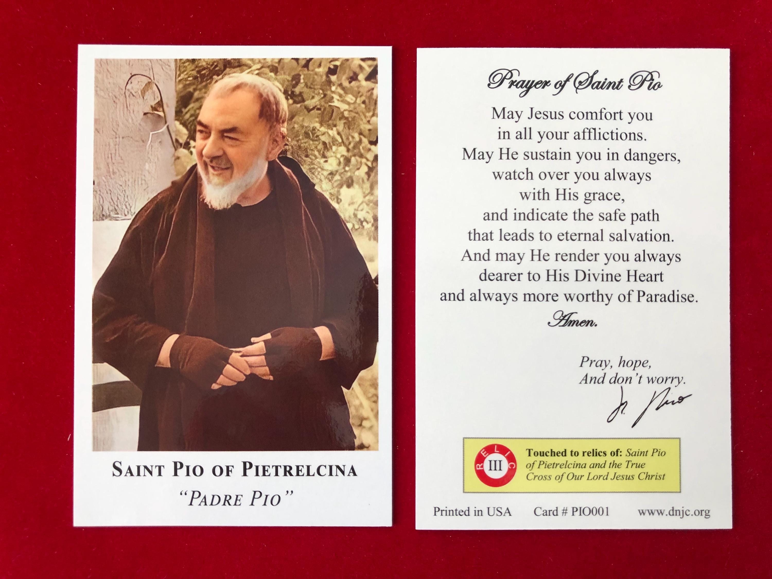 Padre Pio Third Class Relic Holy Card  (Touched to a relic of Saint Pio of Pietrelcina) Pray Hope and Don’t Worry