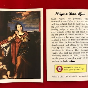 Heilige Agnes van Rome derde klas relikwie heilige kaarten (aangeraakt door een eersteklas relikwie van de heilige) - karton