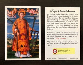 BULK PACK 50 CARDS - Saint Lawrence Third Class Relic Holy Card  (Touched to a relic of Saint Lawrence)