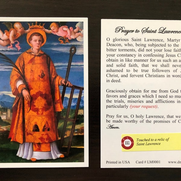 Saint Lawrence Third Class Relic Holy Card  (Touched to a relic of Saint Lawrence)