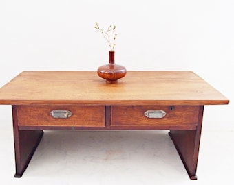 A Japanese vintage writing desk made by Zelkova (Keyaki 欅) with 2 drawers - sutra desk, side table, WABISABI