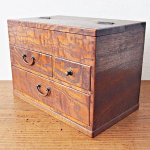A Japanese antique sewing box Oharibako (sewing box) with beautiful wood grain and 3 drawers - classifer chest, jewelry box, WABISABI