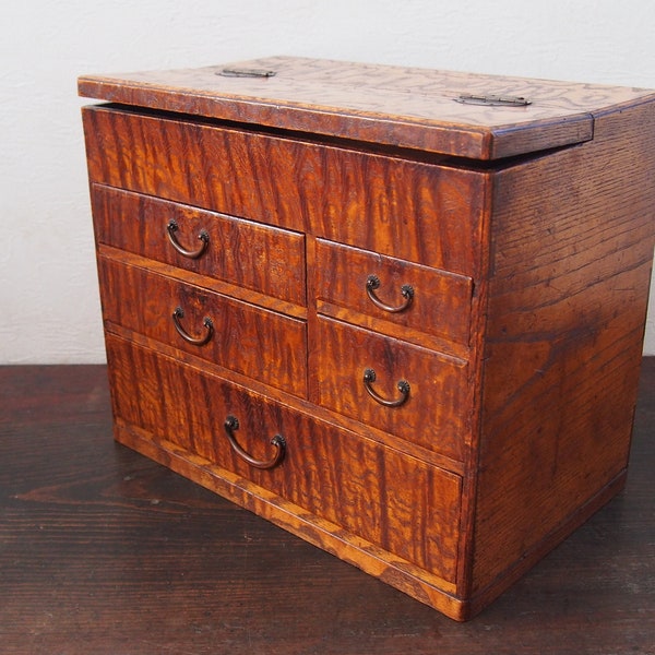Japanese vintage zelkova Japanese Keyaki sewing box Oharibako with beautiful wood grain Tamamoku - Tansu, cosmetic boxWABISABI