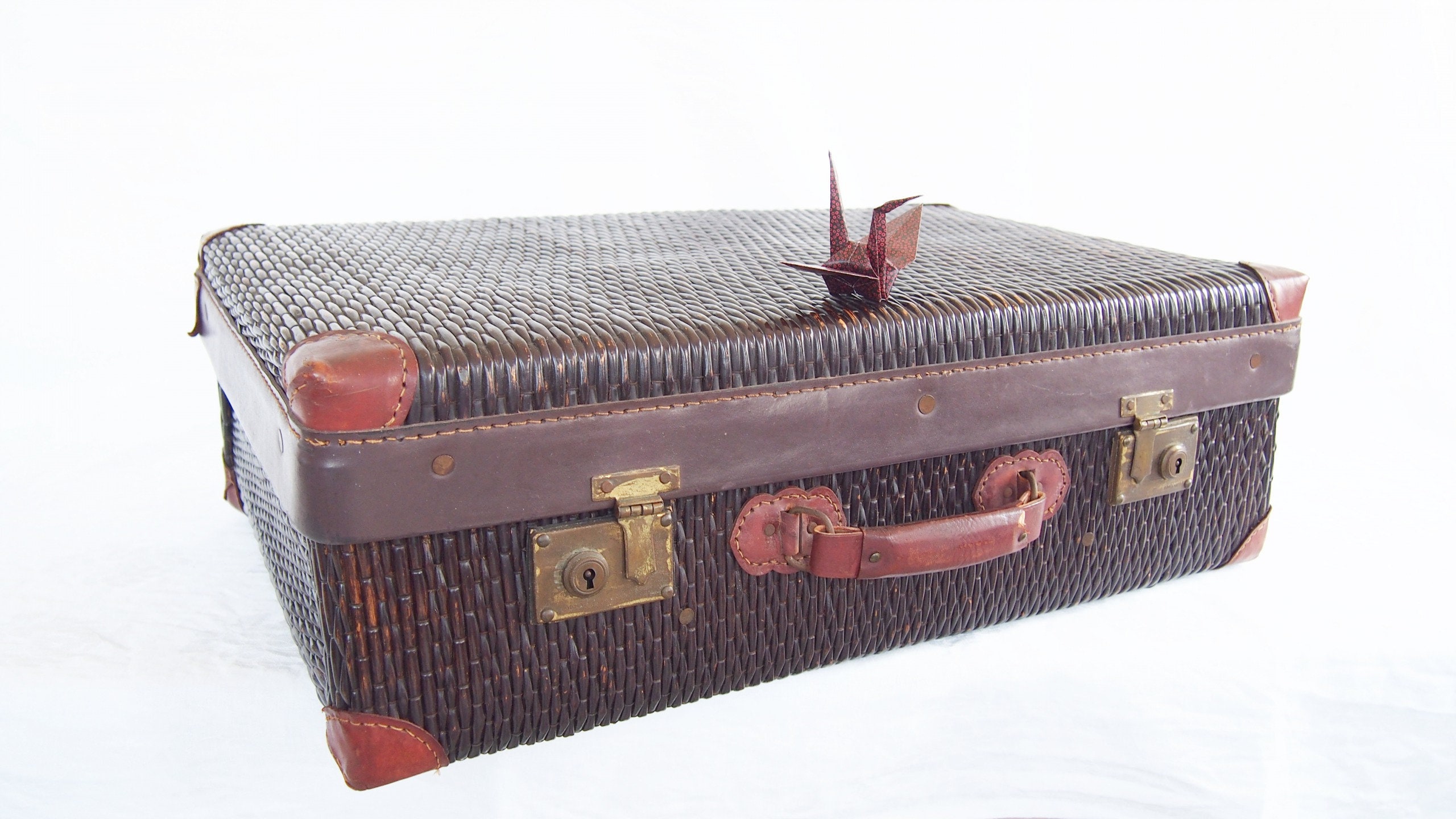A Japanese vintage wicker trunk suitcase Kohri with leather Etsy