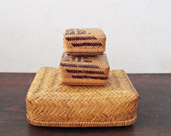 Set of 3 Japanese antique wicker bamboo basket box Kori - travel pouch, storage basket, sewing box