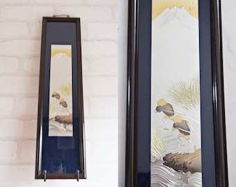 Een vintage Japanse zilveren Chokin-kunstgravure, met afbeeldingen van mannen en bergen - Sieraden, Metaalgravure, Goud, Koper, WABISABI