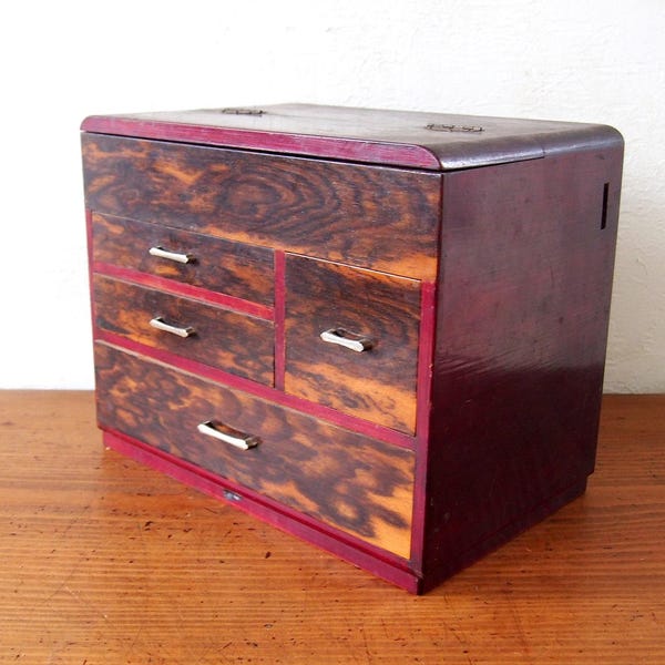 A Japanese vintage black persimmon "Kurakaki" Oharibako (needle box) with a peacok grain "Kujaku-Moku" (wine red) - Tansu, medicine box