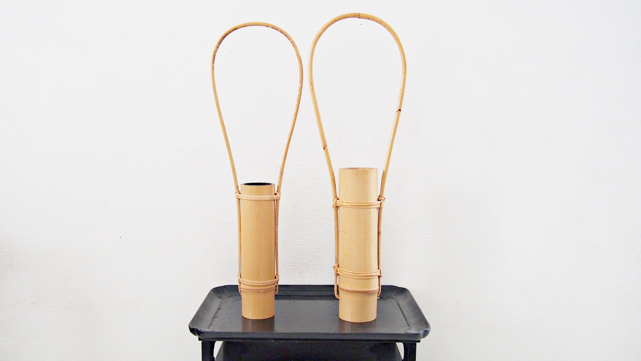 A Japanese Vintage White Bamboo Ikebana Vase With Handle