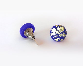 Purple blue and gold leaf studs | blue earrings | geometric design | minimalist studs | letterbox gift | fashion jewellery