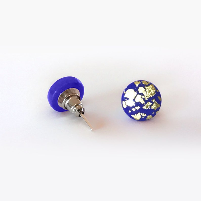 Purple blue and gold leaf studs blue earrings geometric design minimalist studs letterbox gift fashion jewellery image 1