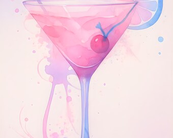 May include: Watercolor illustration of a pink cocktail in a martini glass. The drink is garnished with a cherry and a citrus slice. The glass has a long stem and is set against a soft, pastel background with splashes of color.