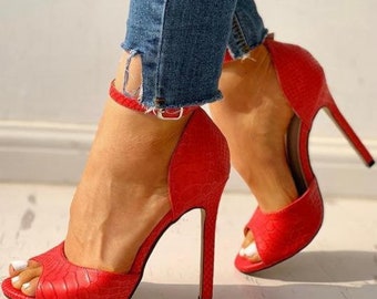open toe snakeskin heels