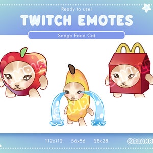 Op de afbeelding: Drie Twitch emotes met een verdrietige kat verkleed als voedsel. De kat draagt een appel-, banaan- en fastfoodbox-kostuum. De emotes zijn gelabeld met "Sadge Food Cat" en zijn klaar voor gebruik.