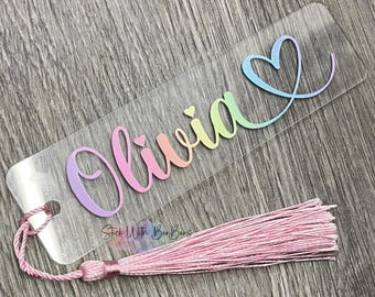 Personalised Rainbow Heart Acrylic Bookmark With/Without Tassel /Pastel/ Gift / Teacher Gift / Reading /Party Bag Gift / Book Lover/