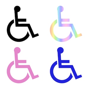 May include: Four wheelchair accessibility symbols in different colours. A black symbol, a rainbow holographic symbol, a pink symbol, and a blue symbol. All symbols are on a white background.