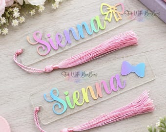 Personalised Acrylic Bow Bookmark | Custom Name Bookmark | Rainbow | Name & Colour Choice | Reading Gift | Gift for Book Lover