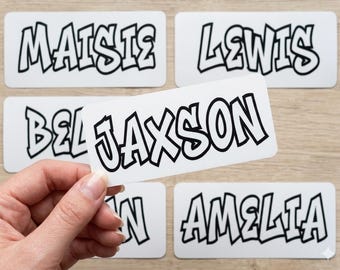 PERSONALISED Graffiti Custom Vinyl Name Label Sticker Lunchbox Bottle Glass Kids School