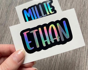 Personalised Layered Holographic Rainbow Name Sticker | Custom Chrome Vinyl Label for Kids, Bottles, Lunchbox, School Supplies