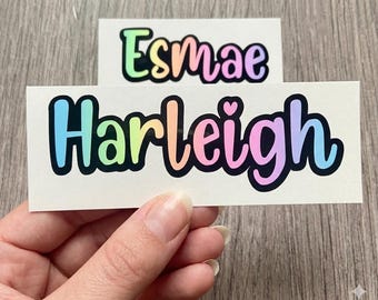 Layered Rainbow Name Vinyl Decal – Custom Label Sticker – Personalised Word Decal – Up to 12 Letters – 1 Inch Height